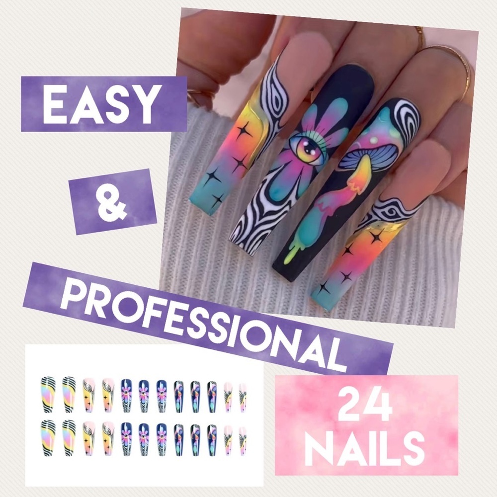 Acrylic Extra LONG Coffin Tip Graffiti Neon Manicure Rainbow Nails Professional - Picture 2 of 6